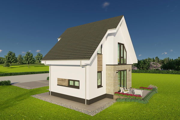 vizualizare realista din spate constructie casa frumoasa mica compacta