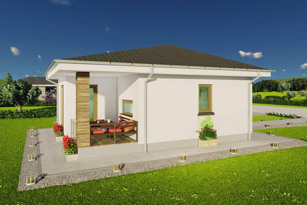 Vizualizare unghi spate proiect de casa atractiva compacta ideala pentru 3 persoane